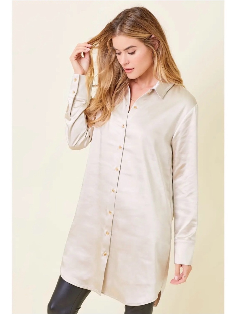 Mystree Long Satin Shirt Dress in Champagne Cream nwt